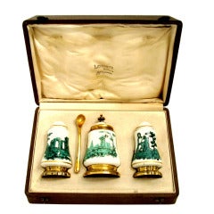 French Sterling Silver Vermeil and Sevres Porcelain Condiment Set 4 pc with Box