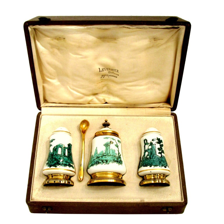 French Sterling Silver Vermeil and Sevres Porcelain Condiment Set 4 pc with Box For Sale