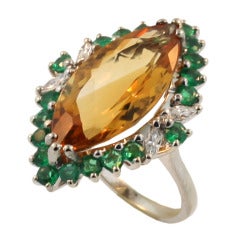 Retro Citrine Emerald Diamond Gold Ring