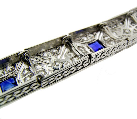 Women's Art Deco Sapphire Diamond Platinum Bracelet For Sale