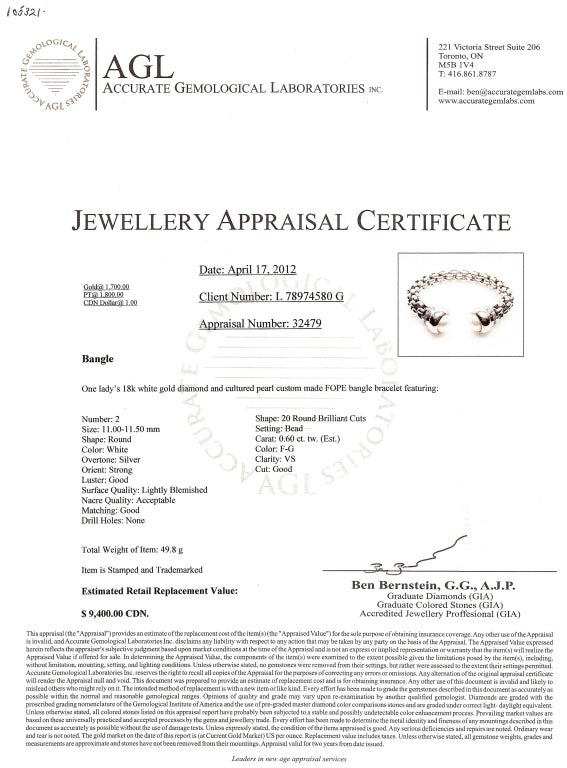 Fope Gioielli  White Gold Pearl and Diamond Cuff Bracelet For Sale 3