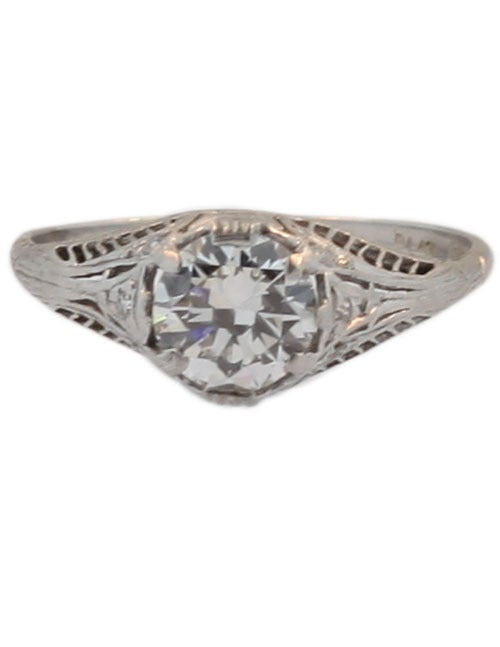 Art Deco old European cut 1.05 D colour Diamond ring by Birks, a company known for high quality gem stones and excellent workmanship. This diamond is set in a beautifully worked hand made platinum frame. Measures size 7.75.