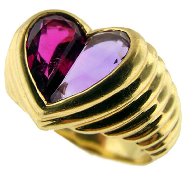 Bvlgari Heart Amethyst and Tourmaline Ring For Sale