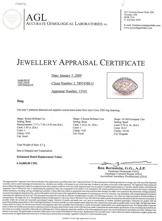 Art Deco Platinum Diamond Sapphire Ring For Sale 1