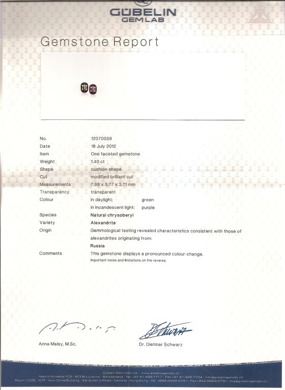 Russian Alexandrite and Diamond Ring Gubelin Certification 1