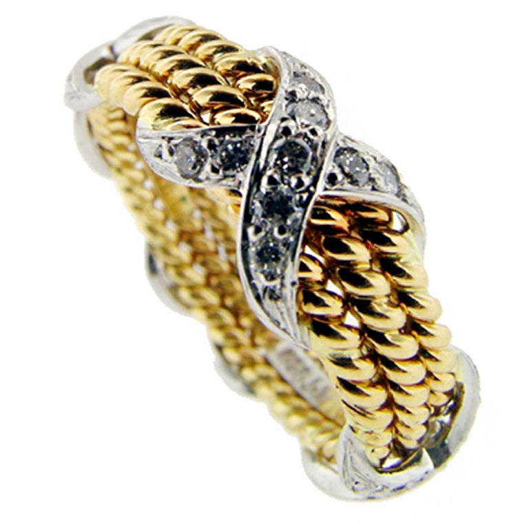 Tiffany & Co. Schlumberger Gold Rope & Diamond 'x' Band For Sale
