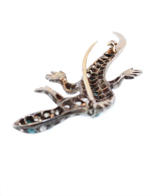 Victorian Antique Diamond and Turquoise Salamander Brooch
