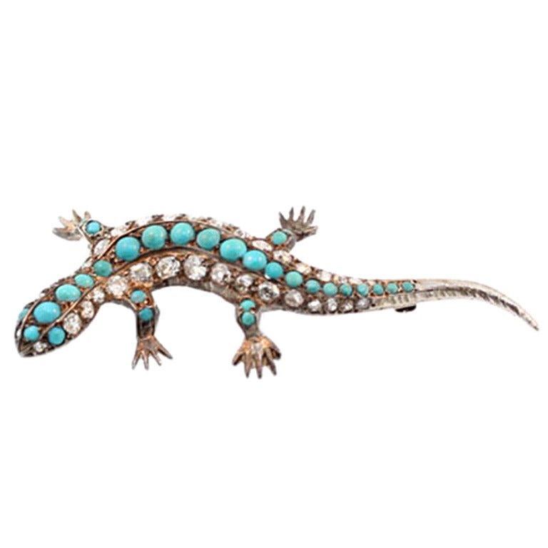 Antique Diamond and Turquoise Salamander Brooch