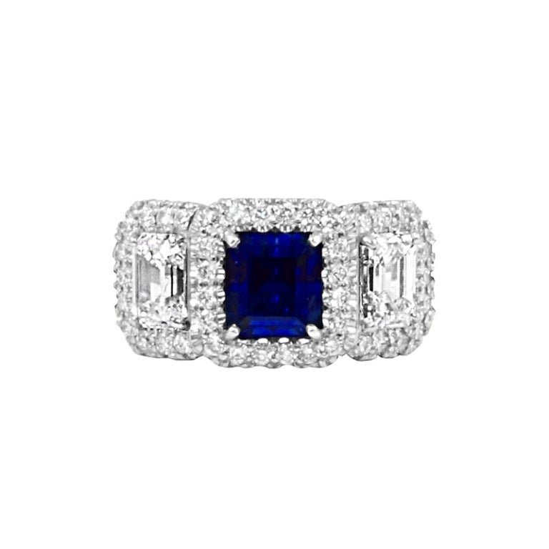 3 Carat Kashmir Sapphire Diamond Platinum Three Stone Engagement Ring