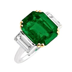 1940s Cartier Colombian No Oil Emerald Diamond Gold Three Stone Ring 3