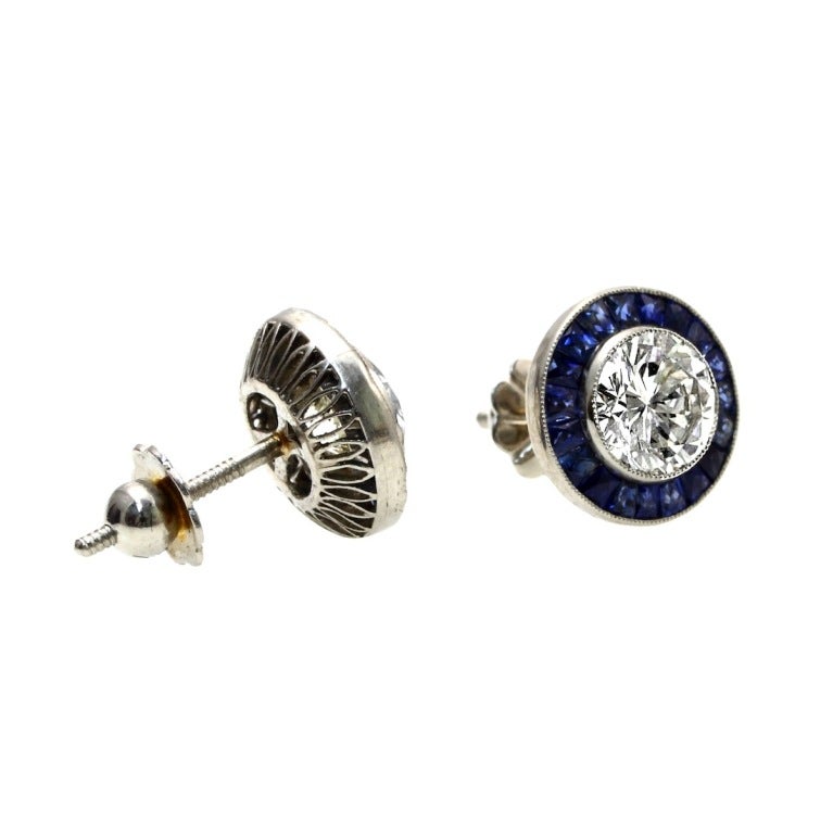 Art Deco Calibre Sapphire Diamond Stud Earrings