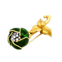 Vintage Mechanical Green Enamel And Diamond Flower Pin, French