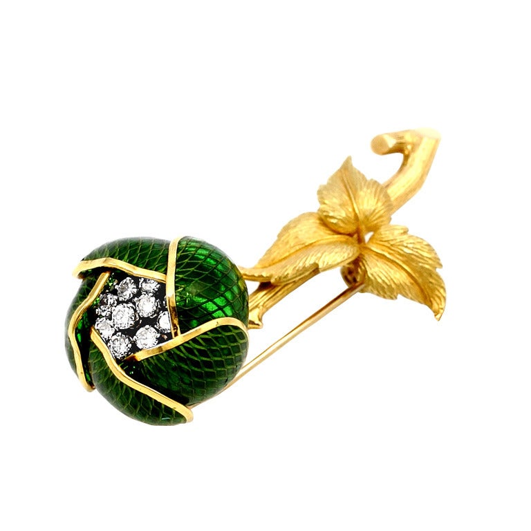 Mechanical Green Enamel And Diamond Flower Pin, French For Sale