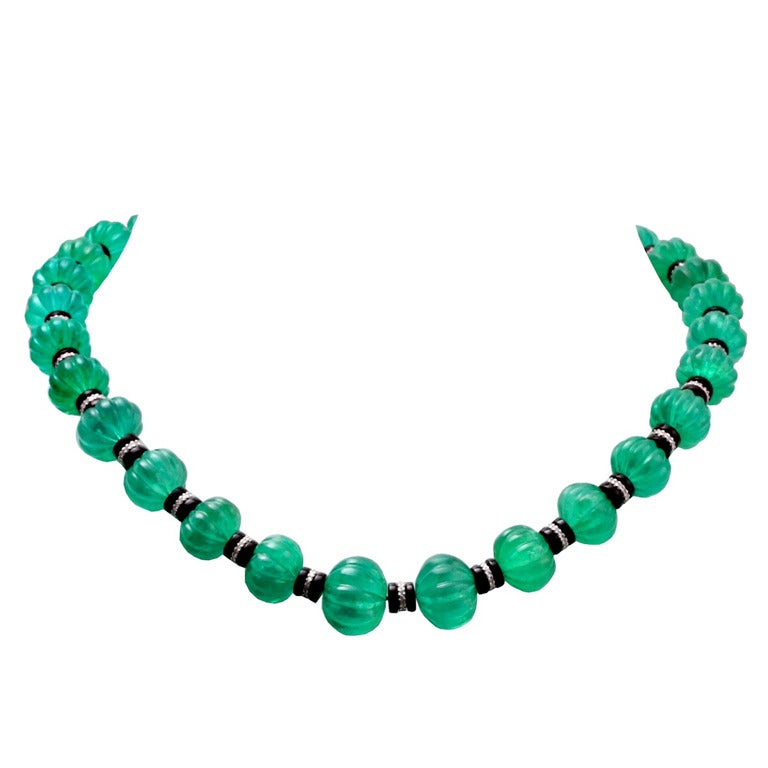 Carved Fluted Emerald Bead Onyx Rondelles Diamond Necklace For Sale