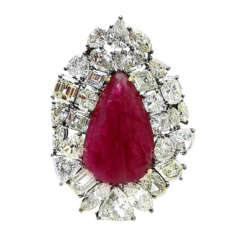 20.91 Carat Burma No Heat Drop Shape Ruby and Diamond Brooch and Pendant For Sale