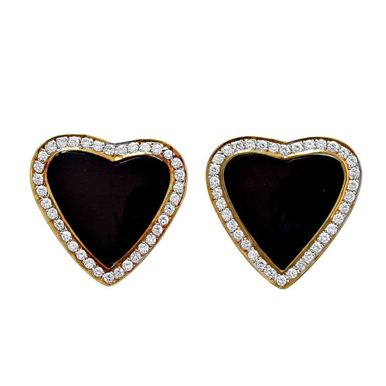 Black Onyx and Diamond Heart Earrings at 1stDibs