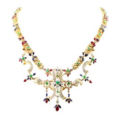 Vintage Blue Sapphire Emerald Ruby Diamond Gold Necklace