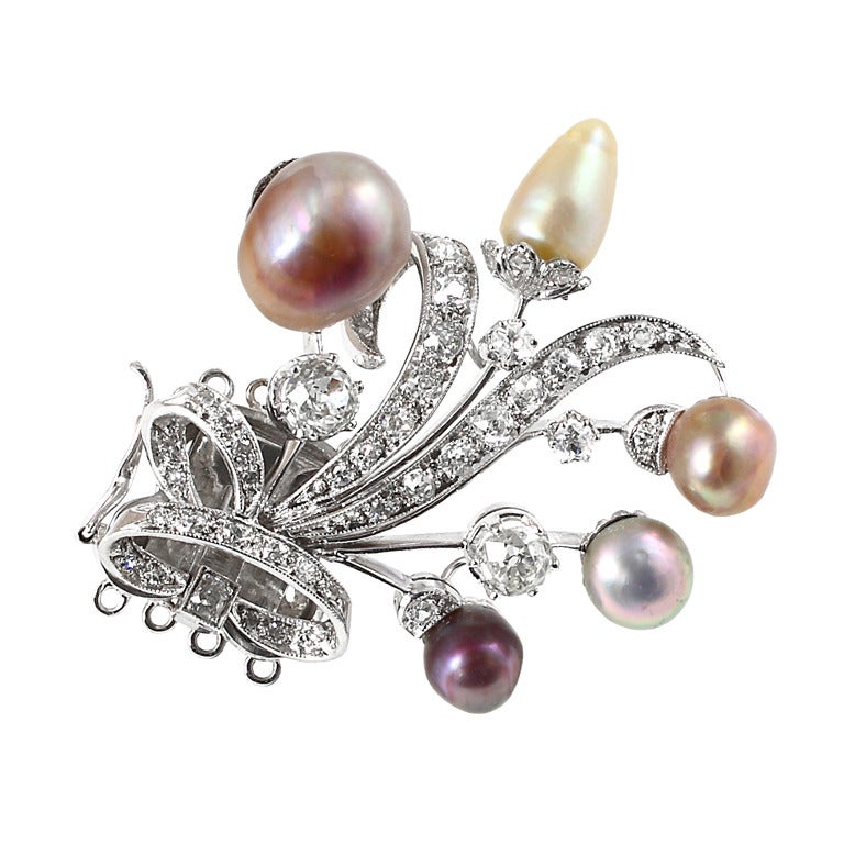Natural Saltwater Pearl and Diamond Brooch