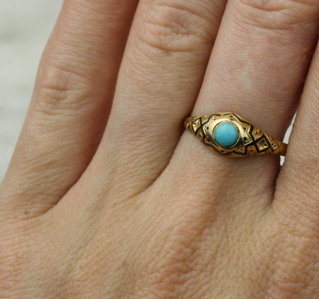 Victorian Gold Turquoise and Enamel Mourning Ring 1