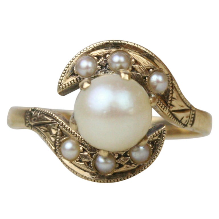 Art Deco Egyptian Revival Gold and Pearl Ring For Sale