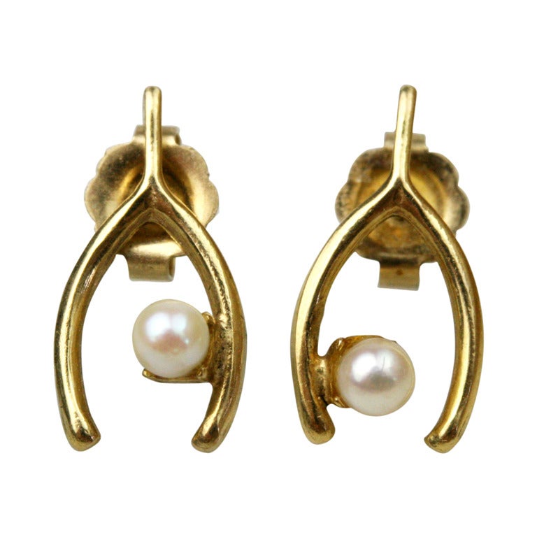 Gold and Pearl Wishbone Stud Earrings For Sale at 1stDibs