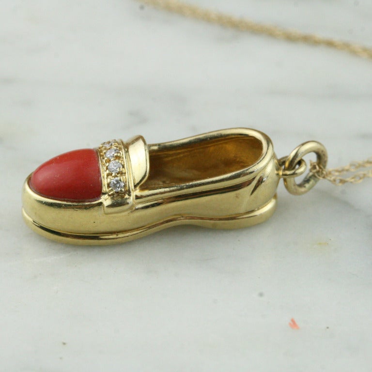 Gold Coral and Diamond Shoe Charm Pendant
