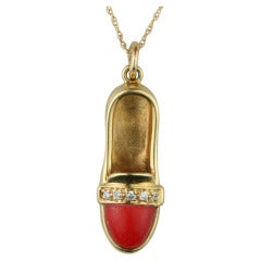 Gold Coral and Diamond Shoe Charm Pendant