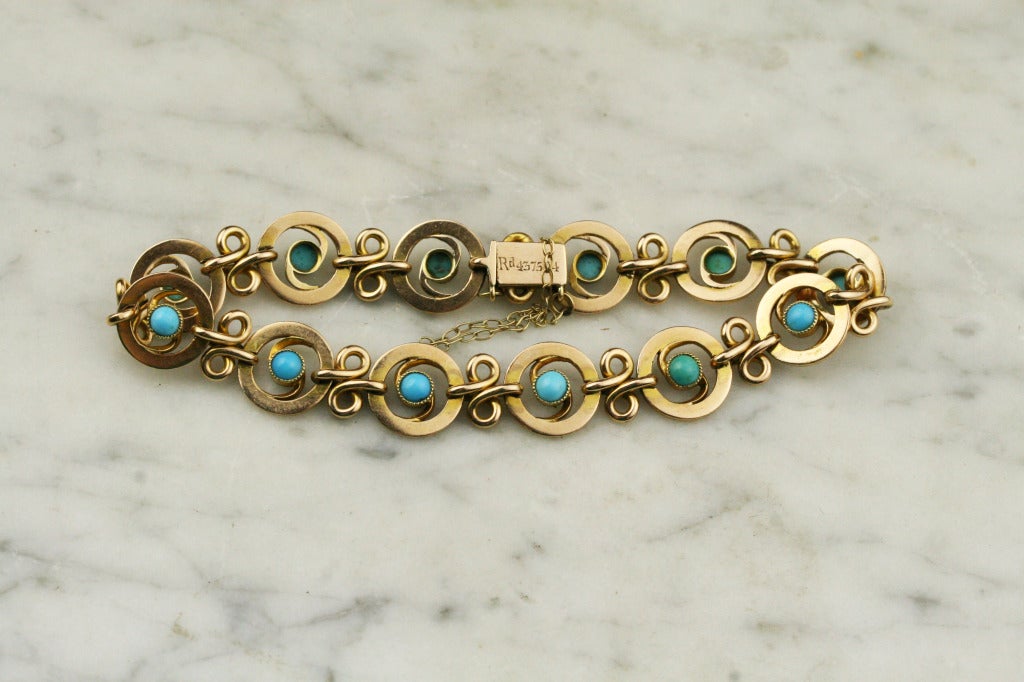 Edwardian Gold and Turquoise Chain Bracelet For Sale 2