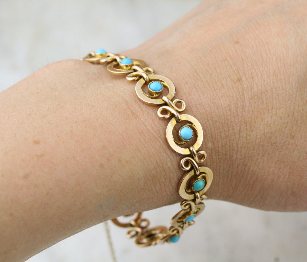 Edwardian Gold and Turquoise Chain Bracelet For Sale 3