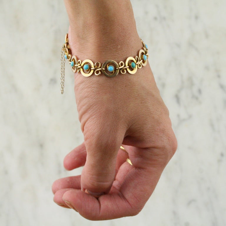 Edwardian Gold and Turquoise Chain Bracelet For Sale 4