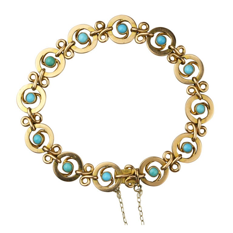 Edwardian Gold and Turquoise Chain Bracelet For Sale