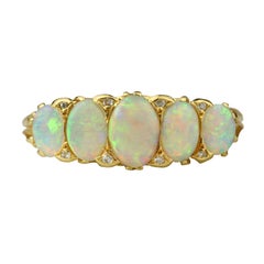 Vintage Opal and Diamond Gold Ring with Scrolled Gallery