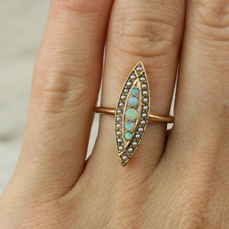 Victorian Opal and Pearl Gold Navette Ring 1