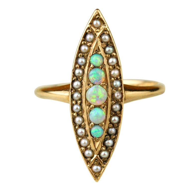 Victorian Opal and Pearl Gold Navette Ring