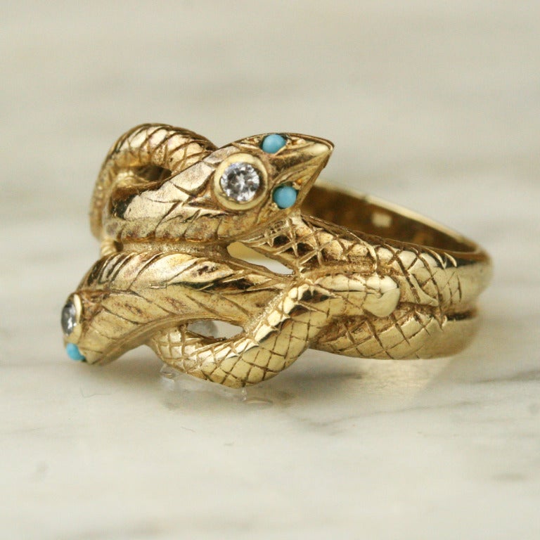 Art Deco 1920s Gold Diamond and Turquoise Snake Ring