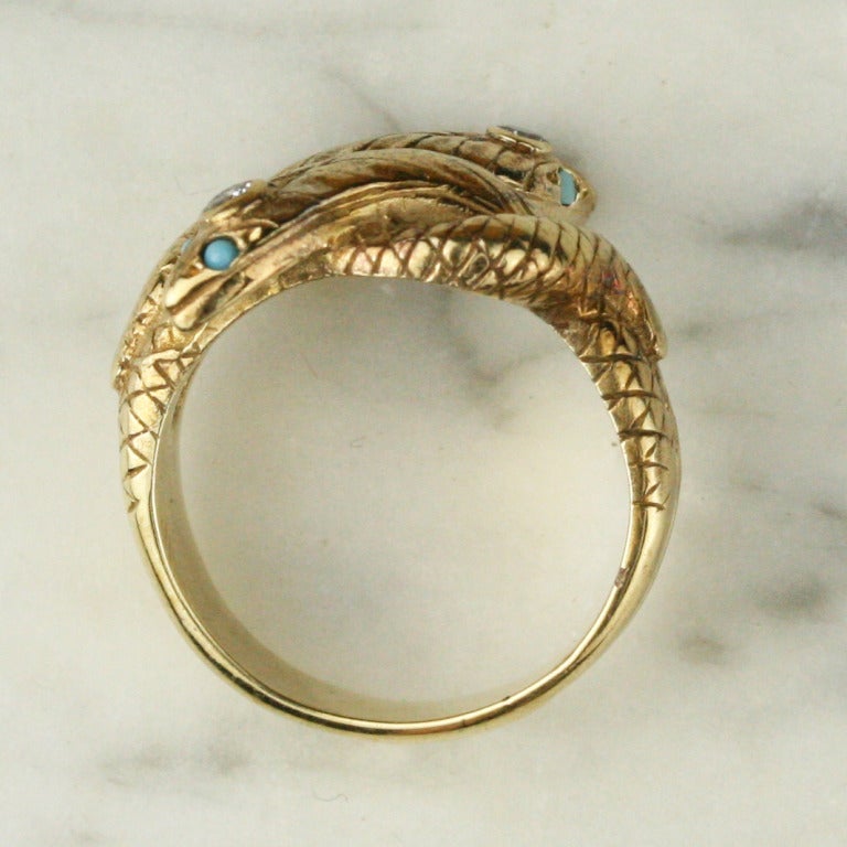 1920s Gold Diamond and Turquoise Snake Ring In Excellent Condition In Madison area, WI