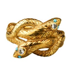 1920s Gold Diamond and Turquoise Snake Ring