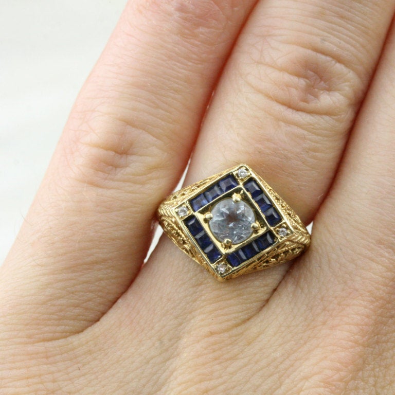 Women's Aquamarine, Sapphire, Diamond and Gold Filigree Ring For Sale