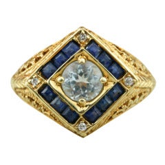 Aquamarine, Sapphire, Diamond and Gold Filigree Ring