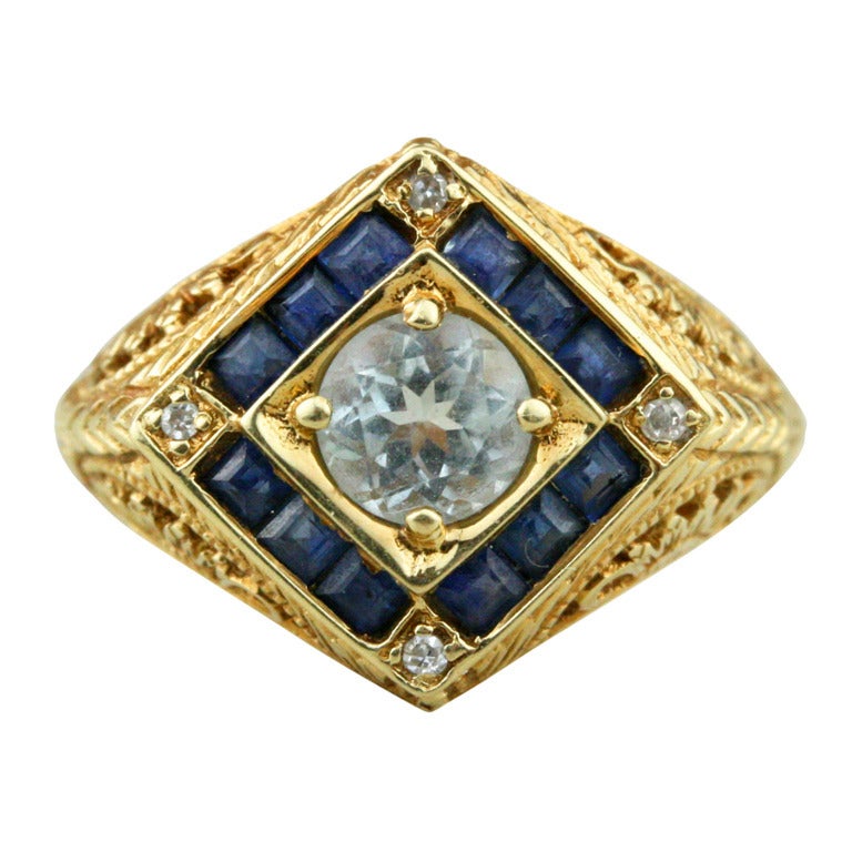 Aquamarine, Sapphire, Diamond and Gold Filigree Ring For Sale