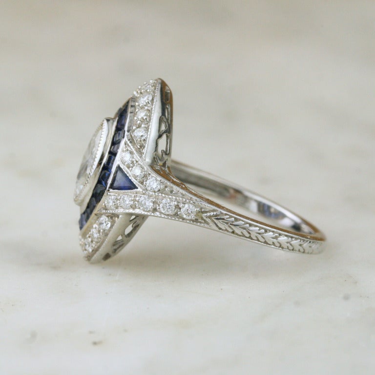Art Deco Marquise Cut Diamond, Sapphire and Gold Ring In Excellent Condition For Sale In Madison area, WI