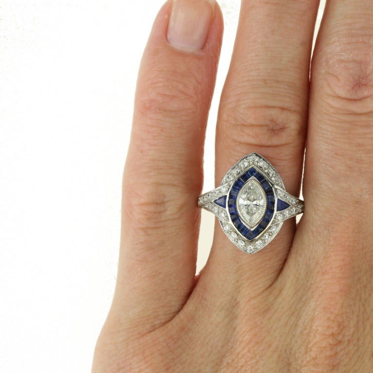 Art Deco Marquise Cut Diamond, Sapphire and Gold Ring For Sale 2