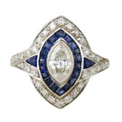 Art Deco Marquise Cut Diamond, Sapphire and Gold Ring