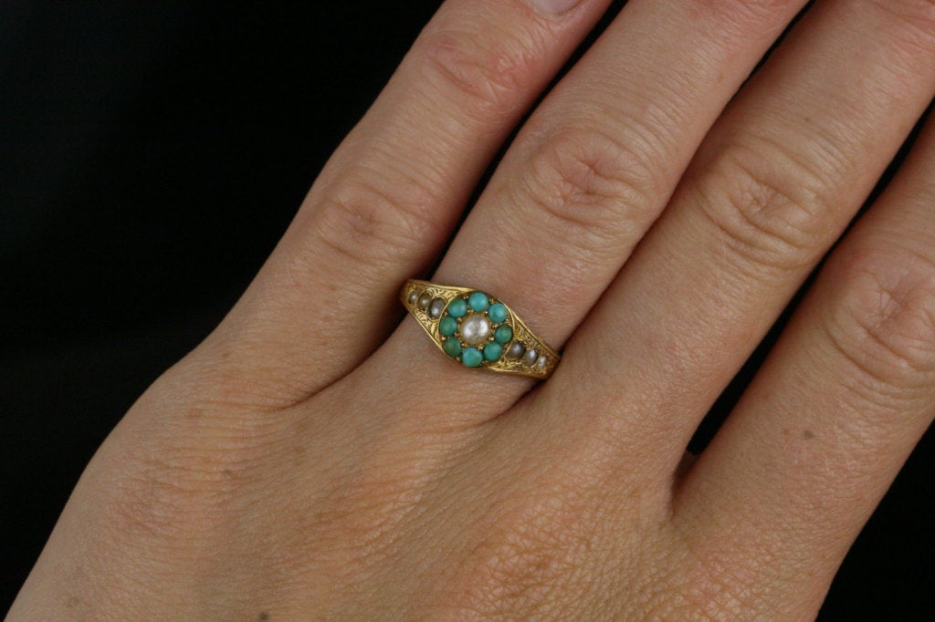 Women's Victorian Gold Turquoise and Pearl Cluster Ring