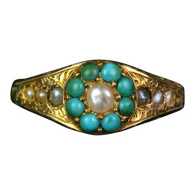 Victorian Gold Turquoise and Pearl Cluster Ring