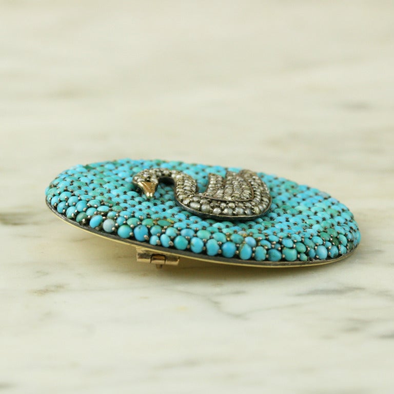 Victorian Turquoise , Pearl, and Gold Swan Brooch In Good Condition For Sale In Madison area, WI