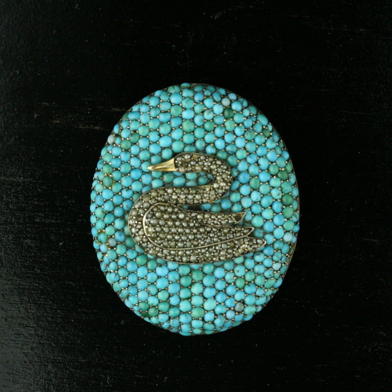 Victorian Turquoise , Pearl, and Gold Swan Brooch For Sale 1