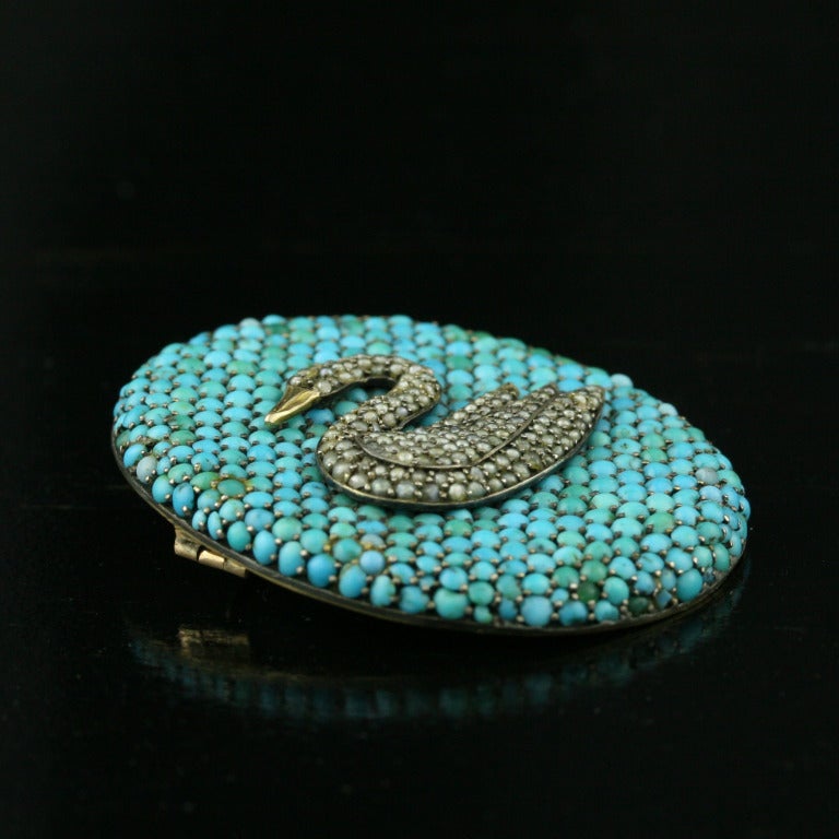 Victorian Turquoise , Pearl, and Gold Swan Brooch For Sale 2