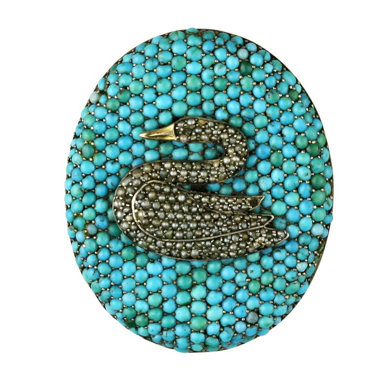 Victorian Turquoise , Pearl, and Gold Swan Brooch For Sale