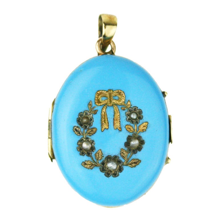Victorian Blue Enamel, Seed Pearl, and Gold Locket For Sale